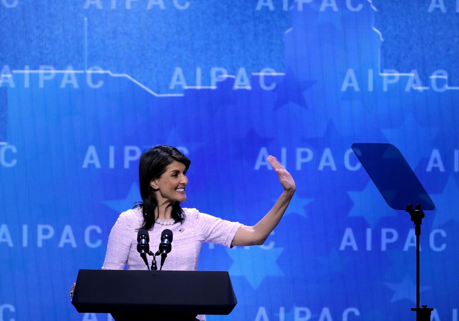 US Ambassador to the UN Nikki Haley addresses AIPAC, March 2018 Photo By: AFP PHOTO US Ambassador to the UN Nikki Haley addresses AIPAC, March 2018