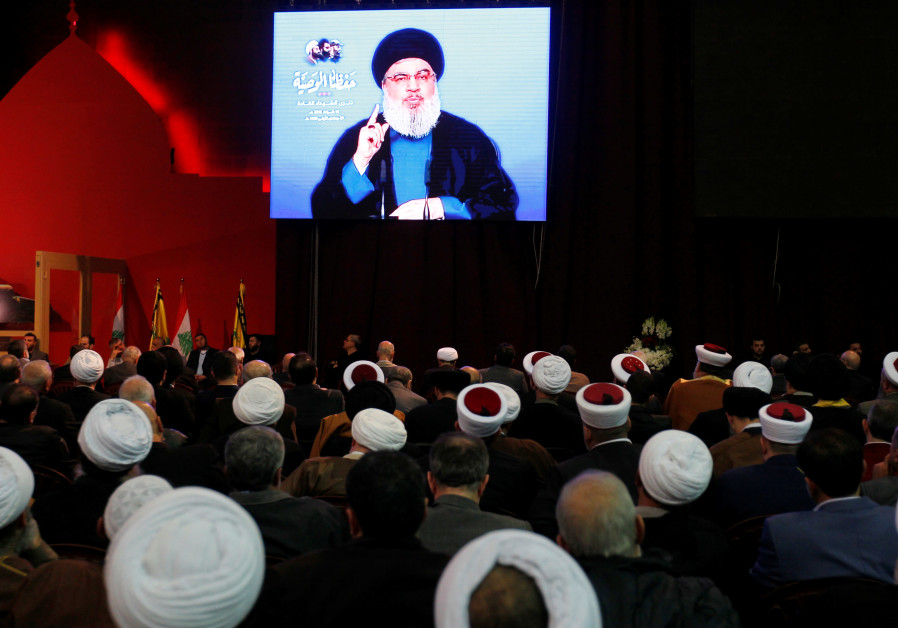 Lebanon's Hezbollah leader Sayyed Hassan Nasrallah is seen on a video screen as he addresses his supporters in Beirut, Lebanon February 16, 2018. Photo By: REUTERS Leader of Hezbollah: 'If there will be a war with Israel - We will win'