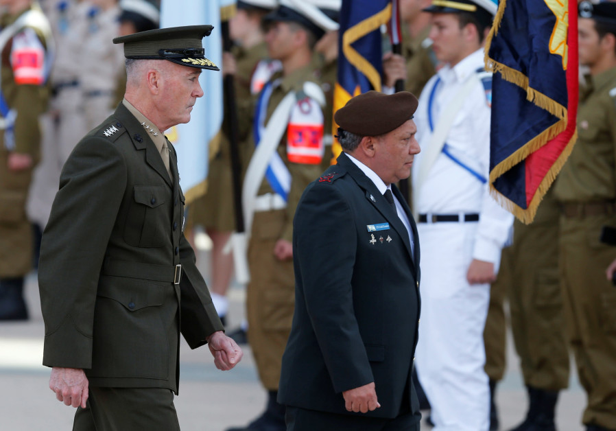 General Joseph Dunford (L), the Chairman of the U.S. Joint Chiefs of Staff, walks next to Israel's Chief of Staff Lieutenant-General Gadi Eizenkot, as they review an honour guard in Tel Aviv, Israel May 9, 2017. Photo By: NIR ELIAS / REUTERS General Joseph Dunford, Chairman Joint Chiefs of Staff, and Israel CoS Lt. Gen. Gadi Eizenkot