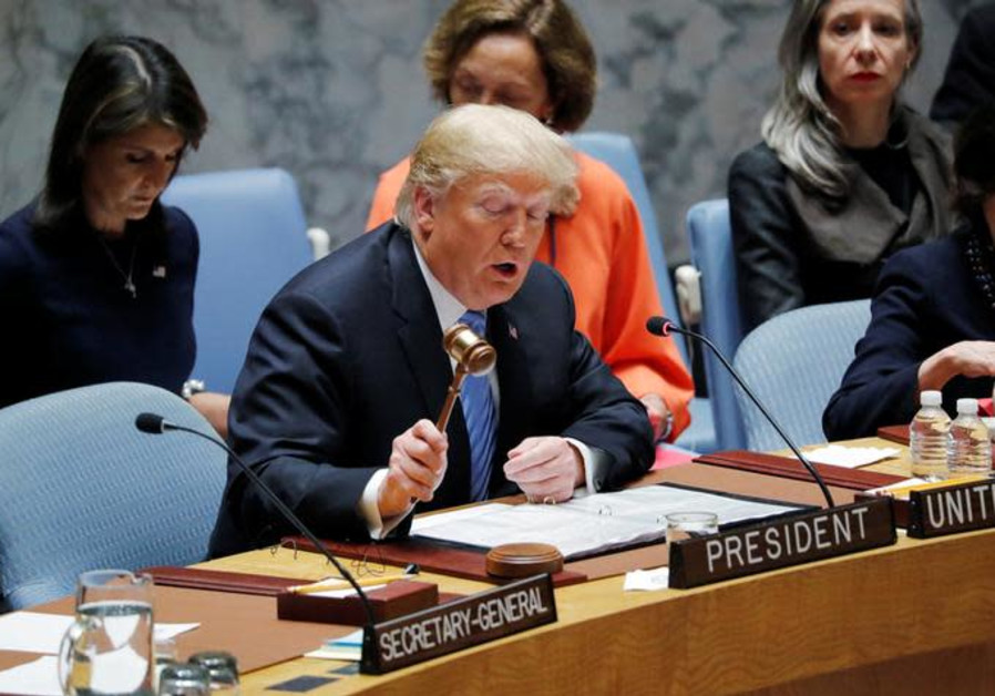 US President Donald Trump, representing the United States as current President of the United Nations Security Council, bangs the gavel to open the UN Security Council meeting at the 73rd session of the United Nations General Assembly at UN headquarters in New York Photo By: CARLOS BARRIA / REUTERS US President Donald Trump, representing the United States as current President of the United Nations