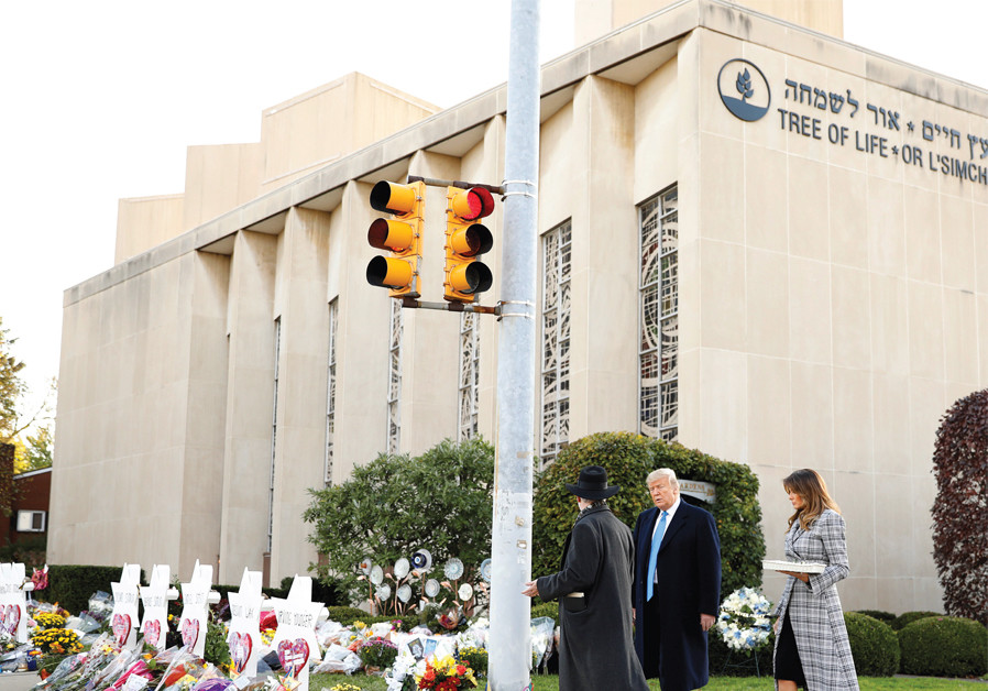 FOLLOWING THE October 27 shooting, US President Donald Trump and First Lady Melania Trump walk with Tree of Life synagogue rabbi Jeffrey Myers as White House advisers Ivanka Trump and husband Jared Kushner walk with Treasury Secretary Steven Mnuchin, outside the synagogue on October 30. Photo By: REUTERS Israeli countermeasures to help U.S. prevent mass shootings