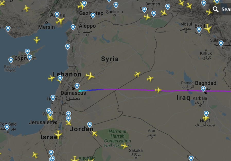 The flight path of suspicious Iranian cargo plane leaving demascus just before airstrikes on December 25, 2018 Photo By: screenshot Iran Cargo Plane