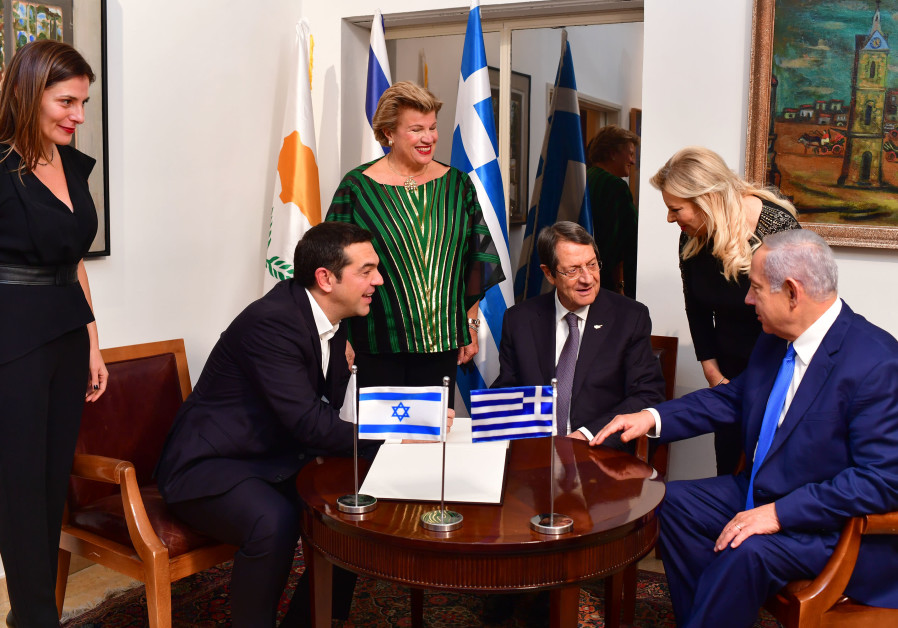 Prime Minister Benjamin Netanyahu and his wife Sara hosted the President of Cyprus Nicos Anastasiades and Greek Prime Minister Alexis Tsipras in their home on Wednesday night. Photo By: PMO Prime Minister Benjamin Netanyahu and his wife Sara hosted the President of Cyprus Nicos Anastasiade