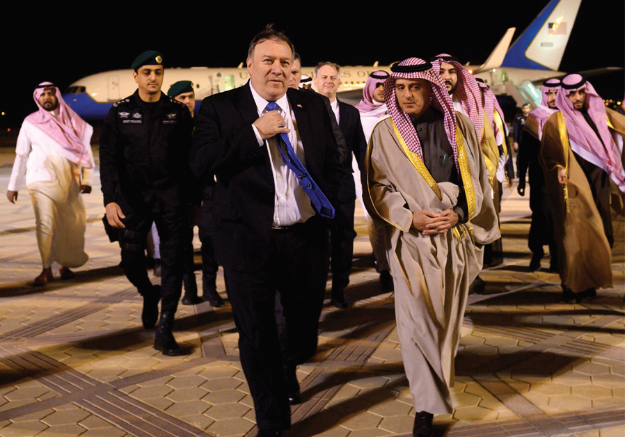 US SECRETARY of State Mike Pompeo is welcomed by Saudi Minister of State for Foreign Affairs Adel al-Jubeir and other dignitaries in Riyadh earlier this month. Photo By: REUTERS Pompeo: No peace in the Middle East without confronting Iran