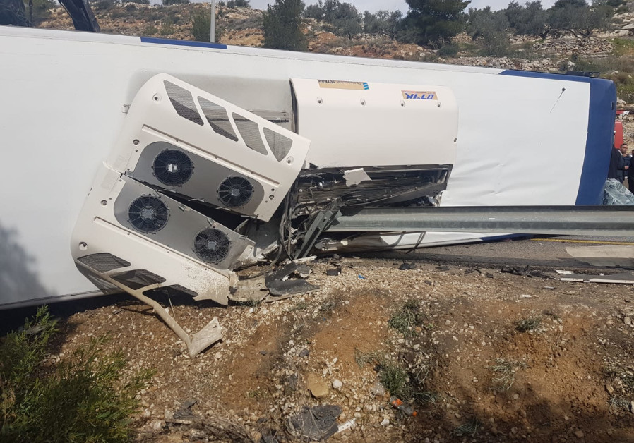 The overturned bus, February 10th, 2019 Photo By: FIRE AND RESCUE SERVICE The overturned bus, February 10th, 2019