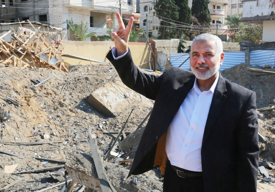 Hamas chief Ismail Haniyeh next to his destroyed office (REUTERS/Handout) Photo By: HANDOUT/REUTERS Hamas chief Ismail Haniyeh next to his destroyed office (REUTERS/Handout)