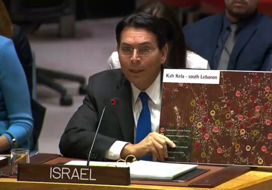 Israel's Ambassador in the U.N. Danny Dannon presenting a photograph of Hezbollah terror tunnels and bases in Lebanon Photo By: COURTESY OF THE ISRAELI MISSION AT UN Israel issues complaint to U.N. over terrorists on Golan border