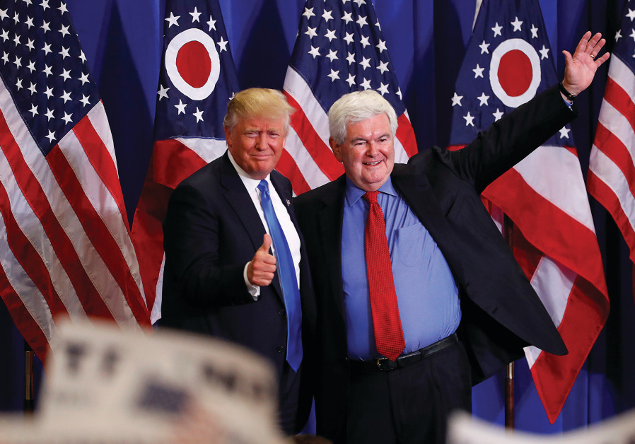 FORMER US SPEAKER of the House Newt Gingrich greets then-US Republican presidential candidate Donald Trump at a rally in Cincinnati, Ohio, in 2016. (Aaron P. Bernstein/Reuters) Photo By: YONATAN SINDEL/FLASH 90 Russia, Mueller and collusion – the novel