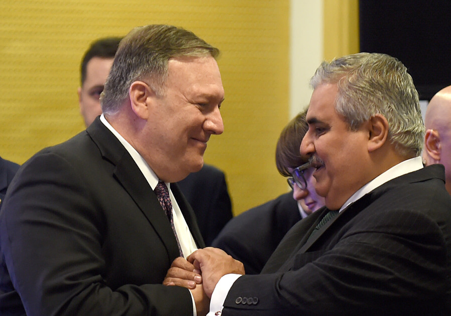 US Secretary of State Mike Pompeo (L) greets Bahrain Foreign Minister Khalid bin Ahmed al-Khalifah before a working lunch at the conference on Peace and Security in the Middle East in Warsaw, on February 14, 2019 Photo By: JANEK SKARZYNSKI / AFP US Secretary of State Mike Pompeo (L) greets Bahrain Foreign Minister Khalid bin Ahmed al-Khalifah