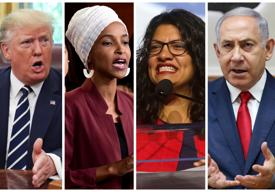 U.S. President Donald Trump, U.S. Congresswomen Ilhan Omar, Rashida Tlaib, and Prime Minister Benjamin Netanyahu are seen in a combination from file photos Photo By: REUTERS Donald Trump defends Israel following Omar-Tlaib debacle