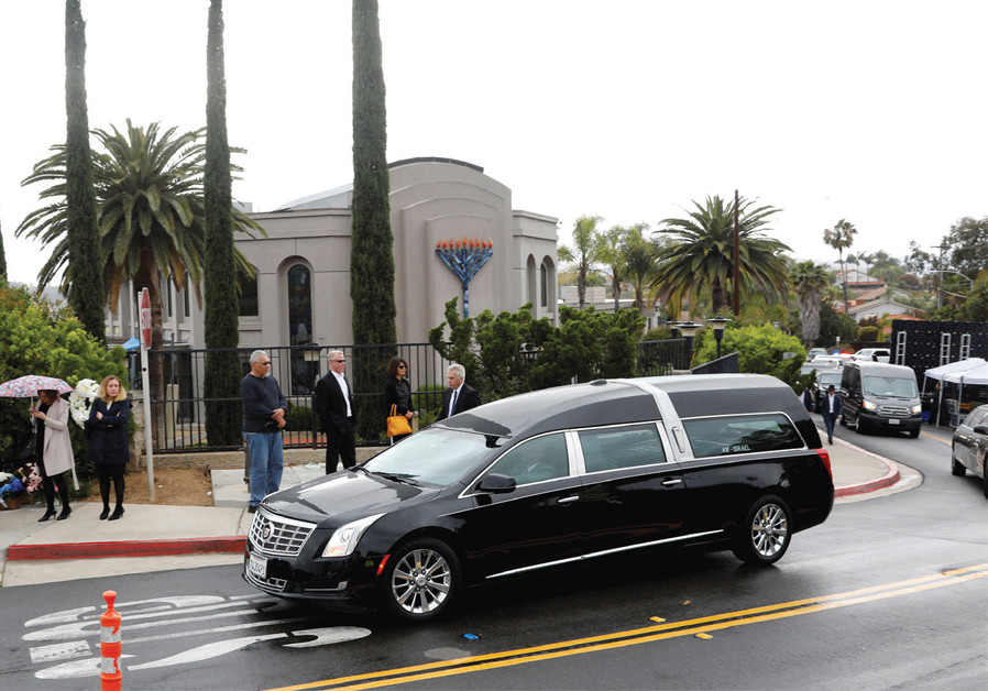 A HEARSE carrying the body of Lori Gilbert- Kaye, the sole fatality of the April 27 synagogue shooting that also left three injured, leaves the Chabad of Poway in San Diego, California, on April 29. Nineteen-yearold white supremacist John T. Earnest shot up the Chabad in a copycat attack inspired by Photo By: JOHN GASTALDO/REUTERS Guns or no guns at synagogue?