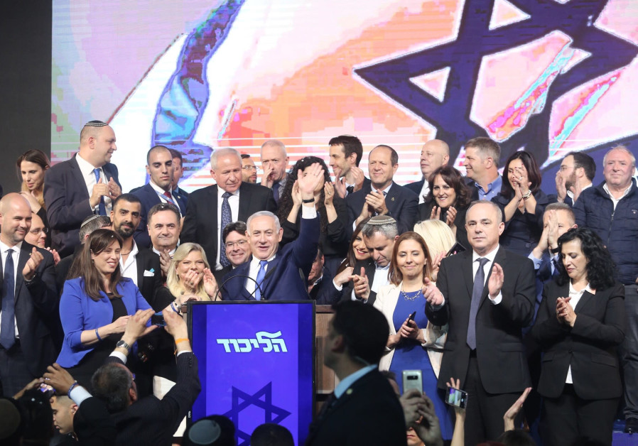 Likud Knesset members celebrate with Prime Minister Netanyahu and his wife after the elections. Photo By: MARC ISRAEL SELLEM Likud Knesset members celebrate with Prime Minister Netanyahu and his wife after the elections.
