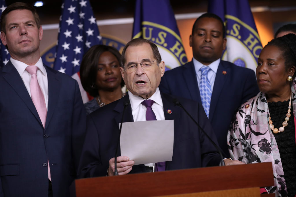 WASHINGTON, DC - JULY 26: House Judiciary Committee Chairman Jerrold Nadler (D-NY) (C) and fellow Democratic members of the committee (L-R) Rep. Eric Swalwell (D-CA), Rep. Val Butler Demings (D-FL), Rep. Joe Neguse (D-CO) and Rep. Shelia Jackson Lee (D-TX) hold a news conference about this week's testimony of former special counsel Robert Mueller July 26, 2019 in Washington, DC. Nadler said that the hearing was an "inflection point," because Mueller testified that President Donald Trump's 2016 campaign welcomed assistance from Russians and that Trump "was not exonerated." (Photo by Chip Somodevilla/Getty Images)