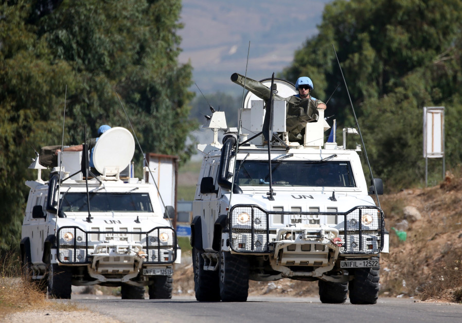 UN peacekeepers (UNIFIL) patrol the border with Israel, in the village of Khiam, Lebanon August 26, 2019. Photo By: REUTERS/ALI HASHISHO UN peacekeepers (UNIFIL) patrol the border with Israel, in the village of Khiam, Lebanon August 26,