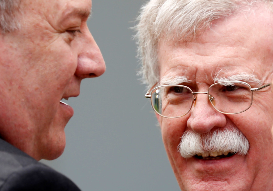 U.S. Secretary of State Pompeo talks with national security adviser Bolton prior to a Abe-Trump joint news conference at the White House in Washington Photo By: KEVIN LAMARQUE/REUTERS U.S. Secretary of State Pompeo talks with national security adviser Bolton prior to a Abe-Trump join