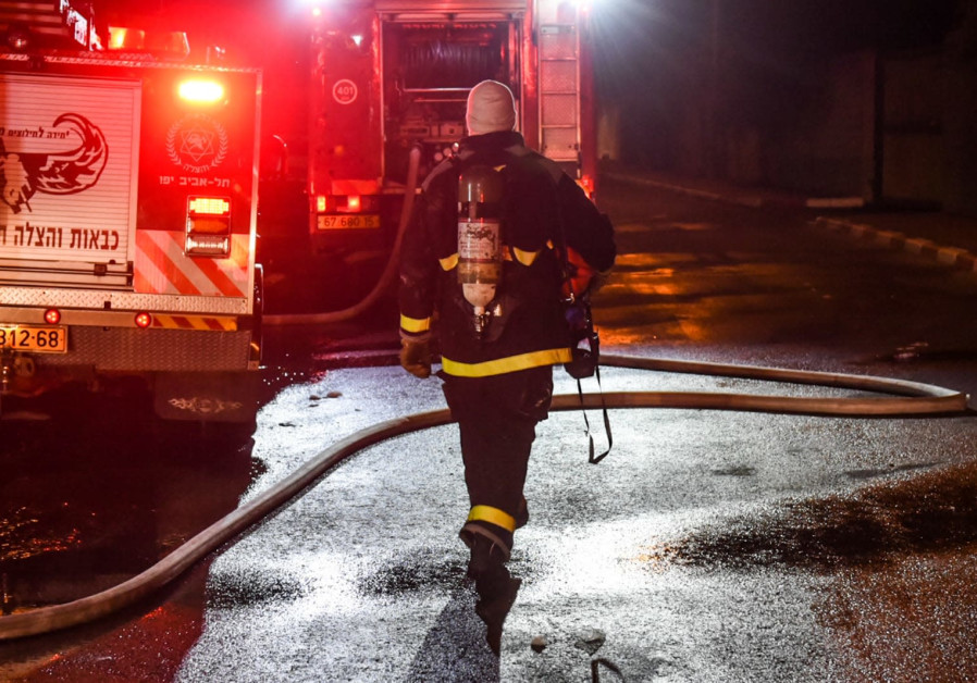 Fire truck from the Israeli National Fire and Rescue Authority at the site of the factory in Sderot, southern Israel, which absorbed a direct hit by a rocket launched from Gaza Strip, causing a major fire. Sderot, Nov 12, 2019 Photo By: KOBI RICHTER/TPS Live: Several Israelis injured as Islamic Jihad continues firing rockets