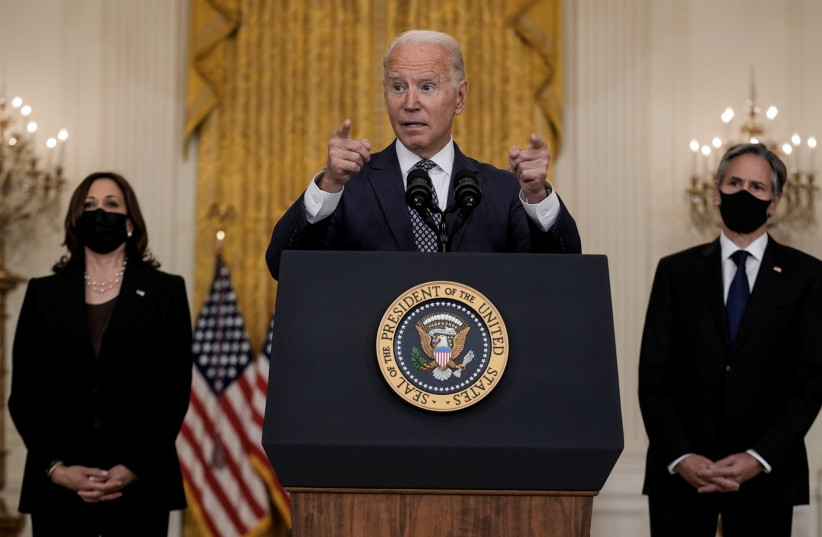 U.S. President Joe Biden delivers remarks on evacuation efforts and the ongoing situation in Afghanistan as Vice President Kamala Harris and Secretary of State Antony Blinken stand by in the East Room at the White House in Washington, US, August 20, 2021. (credit: REUTERS/KEN CEDENO) U.S. President Joe Biden delivers remarks on evacuation efforts and the ongoing situation in Afghanistan as Vice President Kamala Harris and Secretary of State Antony Blinken stand by in the East Room at the White House in Washington, US, August 20, 2021. (credit: REUTERS/KEN CEDENO)