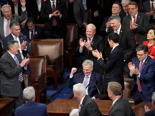 Rep. Kevin McCarthy, R-Calif., reacts after winning the 15th vote in the House chamber as the House enters the fifth day trying to elect a speaker and convene the 118th Congress in Washington, early Saturday, Jan. 7, 2023. (AP Photo/Alex Brandon)