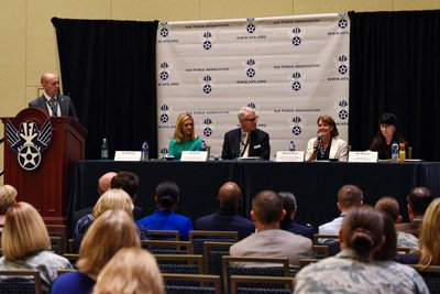 Ted Hacker, American Freedom Foundation co-founder and president; Jen Griswold, military spouse entrepreneur; Melinda Manyx, Transition to Veterans Program Office, Department of Defense curriculum program manager; and Melanie McGuire, Civilian Force Management deputy director, participate in a panel discussion in 2018 about spouse employment during the Air Force Association’s Air, Space, and Cyber Conference in National Harbor, Maryland. Photo by Airman 1st Class Zoe M. Wockenfuss, courtesy of the U.S. Air Force.