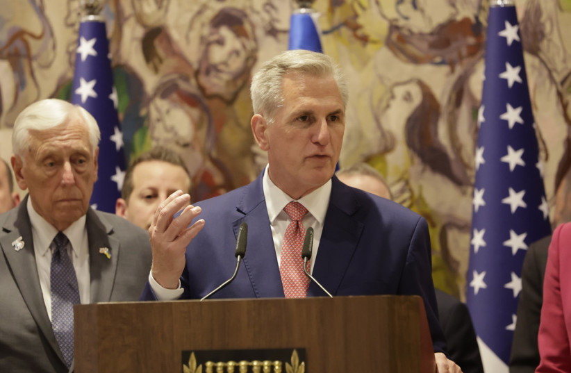 US House of Representatives Speaker Kevin McCarthy addresses the Knesset, May 1, 2023. (credit: MARC ISRAEL SELLEM/THE JERUSALEM POST) US House of Representatives Speaker Kevin McCarthy addresses the Knesset, May 1, 2023. (credit: MARC ISRAEL SELLEM/THE JERUSALEM POST)