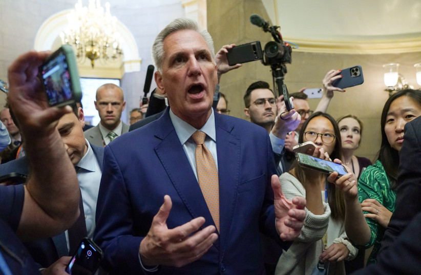 Speaker of the House Kevin McCarthy talks to reporters about the debt ceiling after the departure of White House negotiators, at the U.S. Capitol in Washington, U.S., May 23, 2023 (credit: REUTERS/KEVIN LAMARQUE) Speaker of the House Kevin McCarthy talks to reporters about the debt ceiling after the departure of White House negotiators, at the U.S. Capitol in Washington, U.S., May 23, 2023 (credit: REUTERS/KEVIN LAMARQUE)