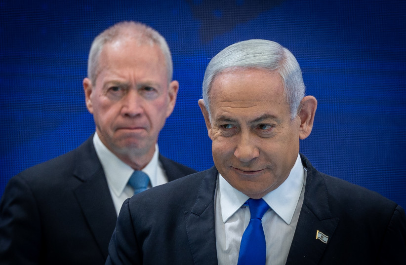 Prime Minister Benjamin Netanyahu and Defense Minister Yoav Gallant attend an event for outstanding soldiers as part of Israel's 75th Independence Day celebrations, at the President's residence in Jerusalem on April 26, 2023 (credit: YONATAN SINDEL/FLASH90) Prime Minister Benjamin Netanyahu and Defense Minister Yoav Gallant attend an event for outstanding soldiers as part of Israel's 75th Independence Day celebrations, at the President's residence in Jerusalem on April 26, 2023 (credit: YONATAN SINDEL/FLASH90)