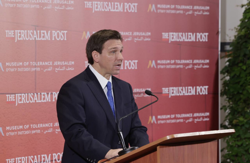 Governor Ron DeSantis speaks at the Jerusalem Post and Museum of Tolerance Jerusalem Celebrating the Faces of Israel conference. (credit: Marc Israel Sellem/Jerusalem Post) Governor Ron DeSantis speaks at the Jerusalem Post and Museum of Tolerance Jerusalem Celebrating the Faces of Israel conference. (credit: Marc Israel Sellem/Jerusalem Post)