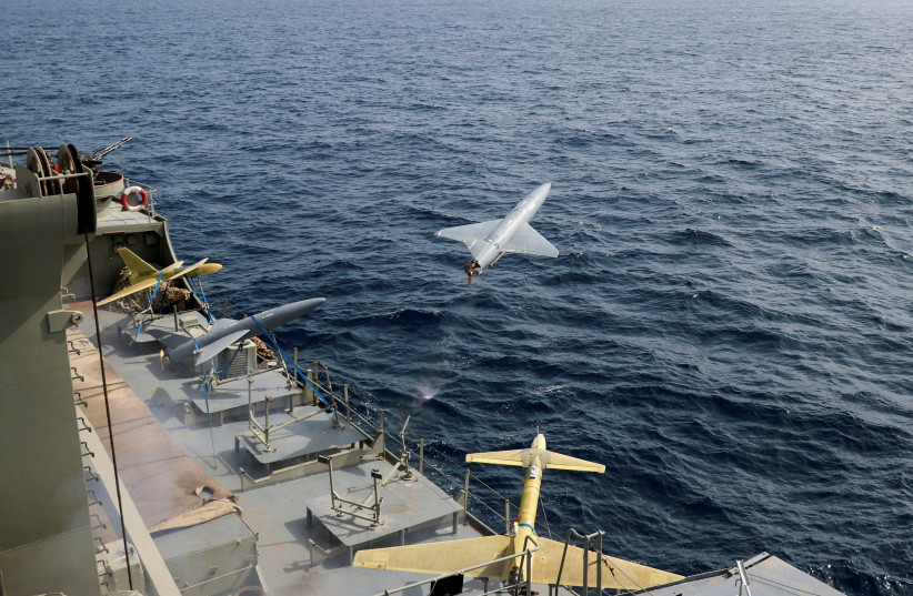 A drone is launched from an Iranian military ship during a military exercise in an undisclosed location in Iran, in this handout image obtained on August 25, 2022. (credit: IRANIAN ARMY/WANA (WEST ASIA NEWS AGENCY) VIA REUTERS) A drone is launched from an Iranian military ship during a military exercise in an undisclosed location in Iran, in this handout image obtained on August 25, 2022. (credit: IRANIAN ARMY/WANA (WEST ASIA NEWS AGENCY) VIA REUTERS)