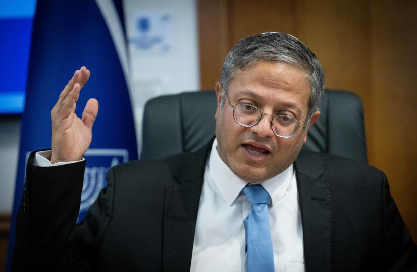 Israeli minister of National Security Itamar Ben-Gvir at the National Security offices in Jerusalem June 15, 2023. (credit: YONATAN SINDEL/FLASH90) Israeli minister of National Security Itamar Ben-Gvir at the National Security offices in Jerusalem June 15, 2023. (credit: YONATAN SINDEL/FLASH90)