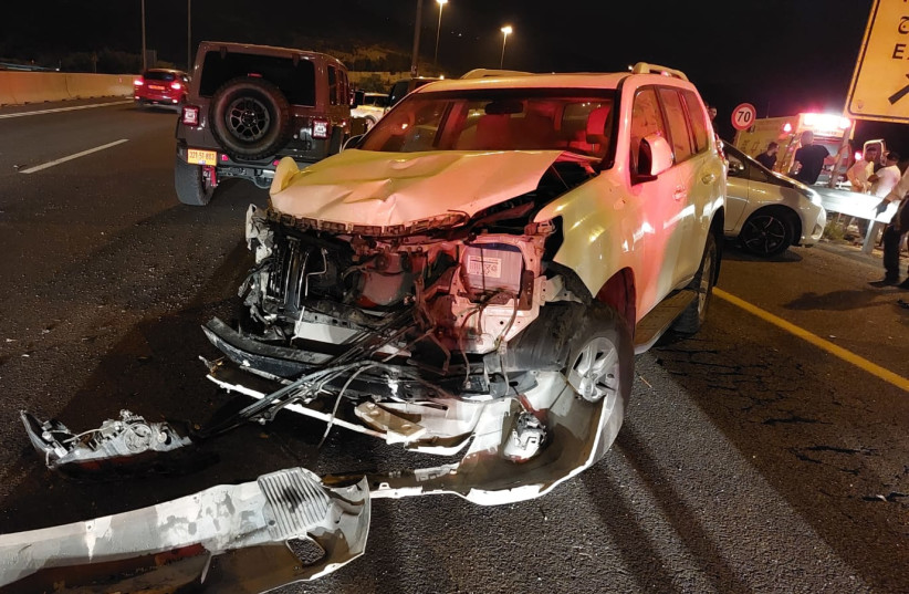 One killed, several injured in three-way crash on Israel's Highway 1 June 10, 2023. (credit: JERUSALEM DISTRICT MILITARY OPERATIONS) One killed, several injured in three-way crash on Israel's Highway 1 June 10, 2023. (credit: JERUSALEM DISTRICT MILITARY OPERATIONS)