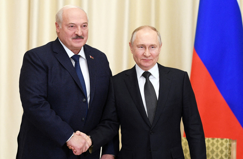 Russian President Vladimir Putin shakes hands with Belarusian President Alexander Lukashenko during a meeting at the Novo-Ogaryovo state residence outside Moscow, Russia, February 17, 2023. (credit: SPUTNIK/VLADIMIR ASTAPKOVICH/KREMLIN VIA REUTERS) Russian President Vladimir Putin shakes hands with Belarusian President Alexander Lukashenko during a meeting at the Novo-Ogaryovo state residence outside Moscow, Russia, February 17, 2023. (credit: SPUTNIK/VLADIMIR ASTAPKOVICH/KREMLIN VIA REUTERS)
