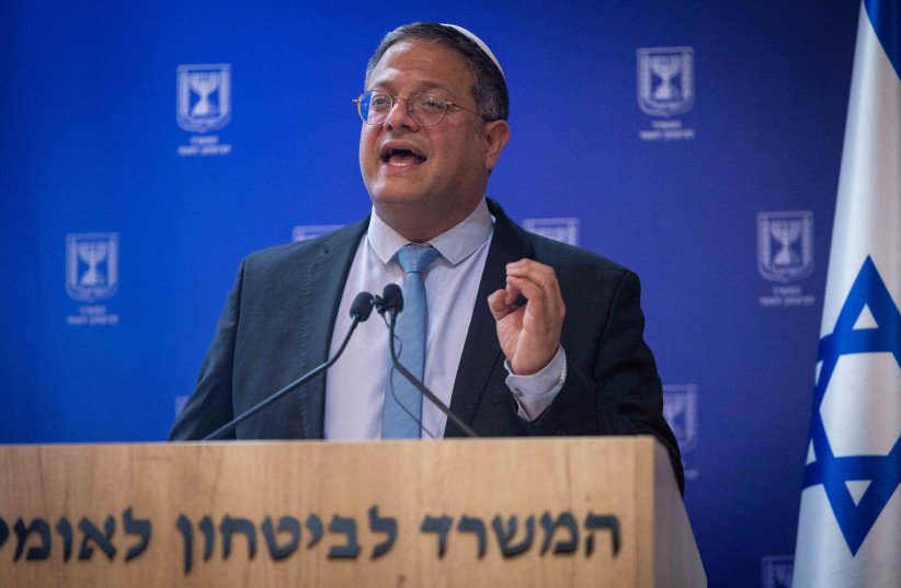 Israeli National Security Minister Itamar Ben-Gvir is seen holding a press conference, on March 20, 2023. (credit: YONATAN SINDEL/FLASH90) Israeli National Security Minister Itamar Ben-Gvir is seen holding a press conference, on March 20, 2023. (credit: YONATAN SINDEL/FLASH90)