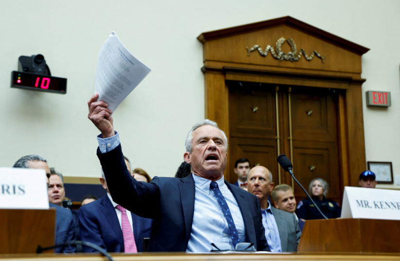 Democratic presidential candidate Robert F. Kennedy Jr. testifies at a House Judiciary Select Weaponization of the Federal Government Subcommittee hearing, examining the Missouri v. Biden case, on Capitol Hill in Washington, DC, US, July 20, 2023. R (credit: REUTERS/JONATHAN ERNST) Democratic presidential candidate Robert F. Kennedy Jr. testifies at a House Judiciary Select Weaponization of the Federal Government Subcommittee hearing, examining the Missouri v. Biden case, on Capitol Hill in Washington, DC, US, July 20, 2023. R (credit: REUTERS/JONATHAN ERNST)