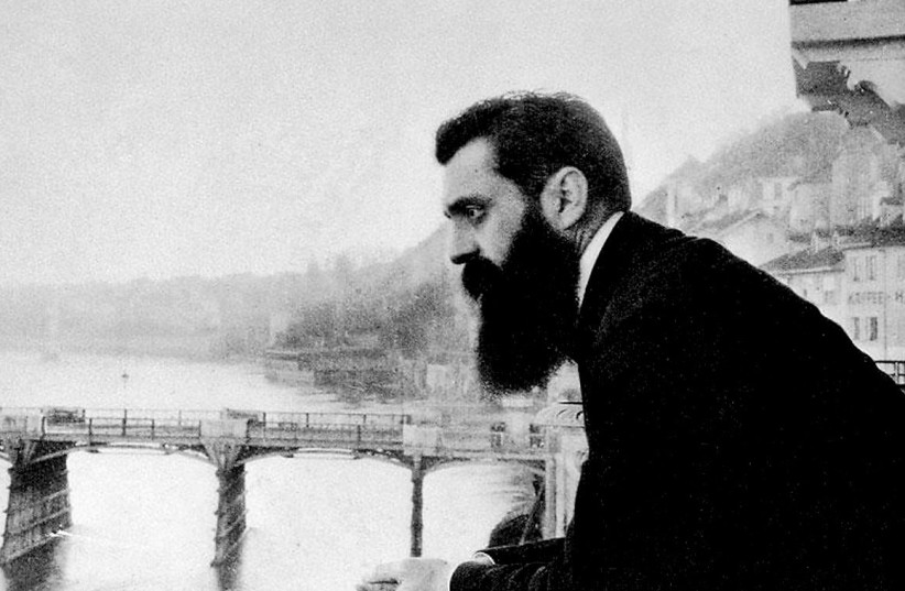 Theodor Herzl on the Hotel Les Trois in Basel, Switzerland. (The Bettman Archive) (credit: EPHRAIM MOSHE LILIEN) Theodor Herzl on the Hotel Les Trois in Basel, Switzerland. (The Bettman Archive) (credit: EPHRAIM MOSHE LILIEN)