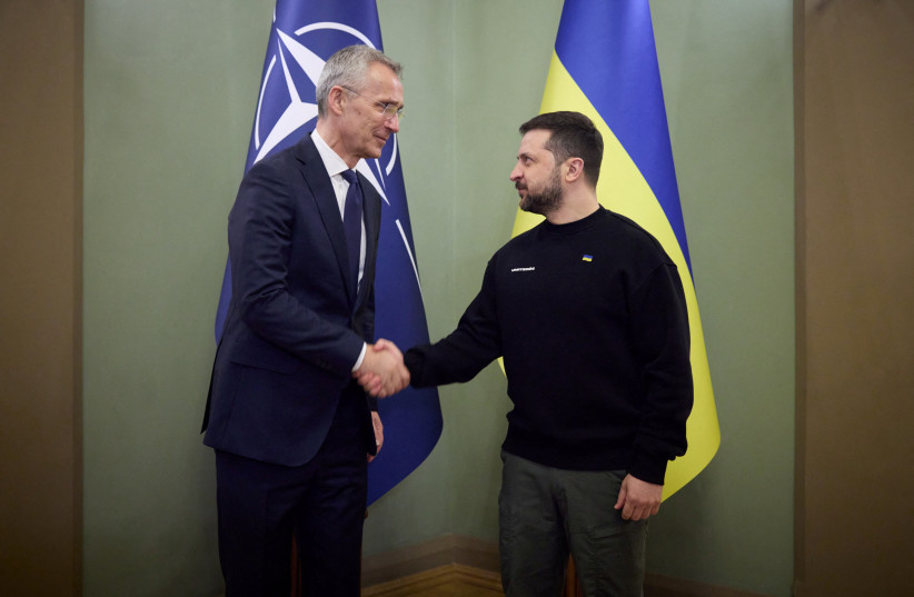 Ukraine's President Volodymyr Zelensky and NATO Secretary-General Jens Stoltenberg shake hands as they meet, amid Russia's attack on Ukraine, in Kyiv, Ukraine April 20, 2023. (credit: Ukrainian Presidential Press Service/Handout via REUTERS) Ukraine's President Volodymyr Zelensky and NATO Secretary-General Jens Stoltenberg shake hands as they meet, amid Russia's attack on Ukraine, in Kyiv, Ukraine April 20, 2023. (credit: Ukrainian Presidential Press Service/Handout via REUTERS)