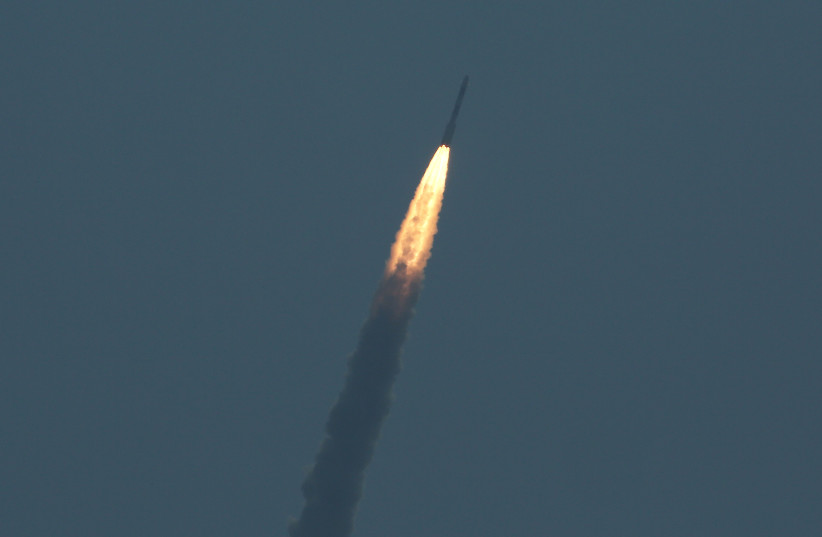 India's Polar Satellite Launch Vehicle (PSLV) C45, carrying Electromagnetic Spectrum Measurement satellite 'EMISAT' and 28 other satellites, lifts off from the Satish Dhawan Space Centre in Sriharikota, India, April 1, 2019. (credit: REUTERS/P. RAVIKUMAR) India's Polar Satellite Launch Vehicle (PSLV) C45, carrying Electromagnetic Spectrum Measurement satellite 'EMISAT' and 28 other satellites, lifts off from the Satish Dhawan Space Centre in Sriharikota, India, April 1, 2019. (credit: REUTERS/P. RAVIKUMAR)