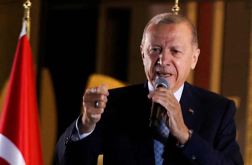 Turkish President Tayyip Erdogan addresses supporters at the Presidential Palace after his victory in the second round of the presidential election, Ankara, Turkey, May 29, 2023. (credit: REUTERS/UMIT BEKTAS) Turkish President Tayyip Erdogan addresses supporters at the Presidential Palace after his victory in the second round of the presidential election, Ankara, Turkey, May 29, 2023. (credit: REUTERS/UMIT BEKTAS)