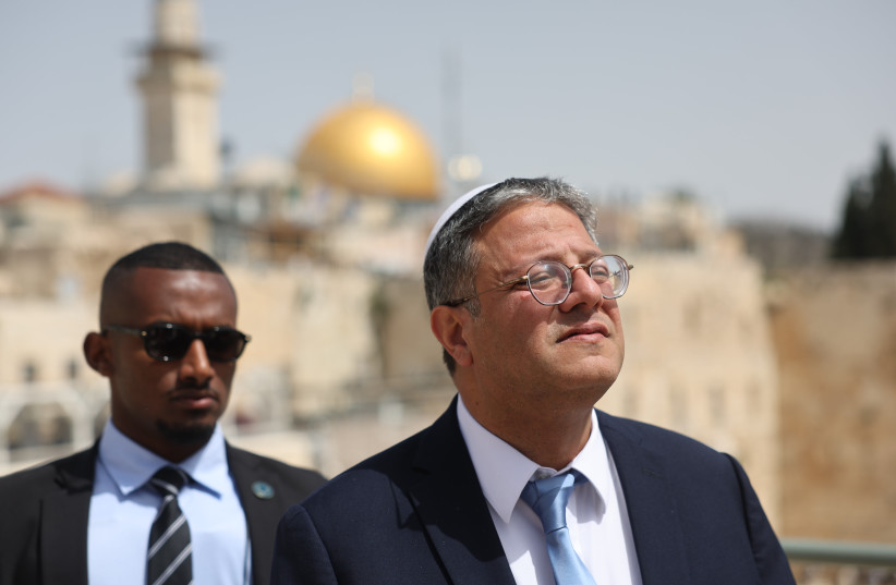 National Security Minister Itamar Ben-Gvir gives a press statement on the Friday Ramadan prayers, at the Western Wall, in Jerusalem's Old City. March 24, 2023. (credit: YONATAN SINDEL/FLASH90) National Security Minister Itamar Ben-Gvir gives a press statement on the Friday Ramadan prayers, at the Western Wall, in Jerusalem's Old City. March 24, 2023. (credit: YONATAN SINDEL/FLASH90)