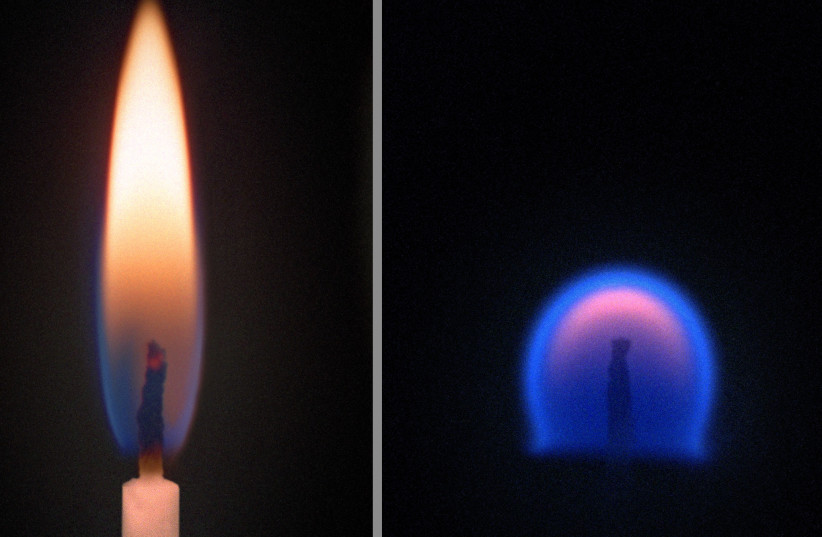 A side-by-side comparison with how a lit candle burns in regular gravity (L) versus in microgravity, such as in space. (credit: NASA) A side-by-side comparison with how a lit candle burns in regular gravity (L) versus in microgravity, such as in space. (credit: NASA)