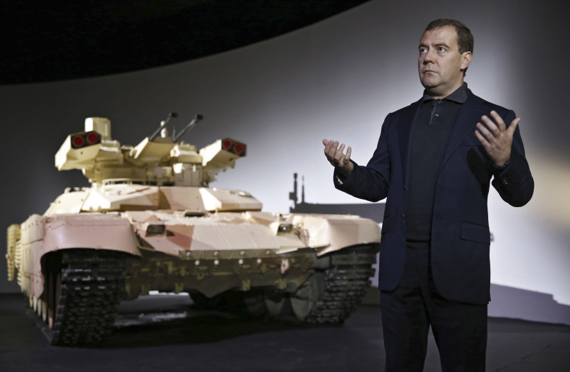 Russia's Dmitry Medvedev speaks during a presentation of the BMPT-72 tank, dubbed the ''Terminator-2'' (credit: REUTERS) Russia's Dmitry Medvedev speaks during a presentation of the BMPT-72 tank, dubbed the ''Terminator-2'' (credit: REUTERS)