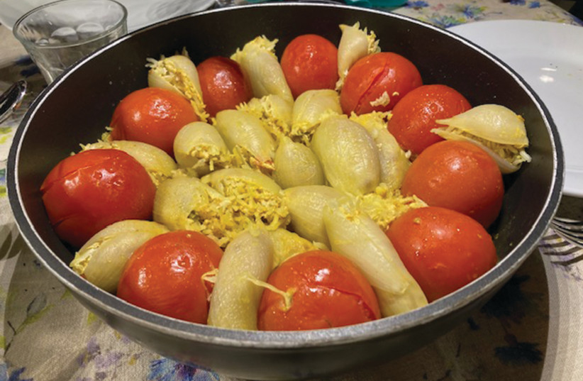 MAHASHA CHICKEN-and-rice-filled tomatoes and onions. (credit: BARBARA ANGELAKIS) MAHASHA CHICKEN-and-rice-filled tomatoes and onions. (credit: BARBARA ANGELAKIS)