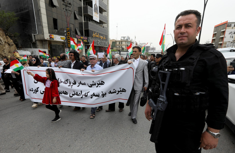 Kurdish protesters take part in a protest against a drone attack that hit the vicinity of Sulaymaniyah International Airport on Friday, in Sulaymaniyah, Iraq, April 9, 2023 (credit: REUTERS/AKO RASHEED) Kurdish protesters take part in a protest against a drone attack that hit the vicinity of Sulaymaniyah International Airport on Friday, in Sulaymaniyah, Iraq, April 9, 2023 (credit: REUTERS/AKO RASHEED)