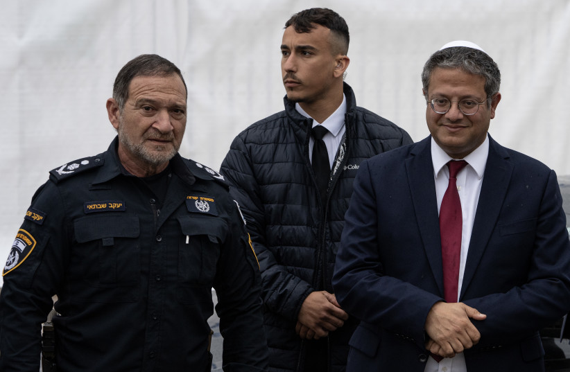National Security Minister Itamar Ben-Gvir and Israeli Chief of Police Kobi Shabtai at a ceremony for a new police station in Neot Hovav Industrial zone, southern Israel, March 14, 2023. (credit: FLASH90) National Security Minister Itamar Ben-Gvir and Israeli Chief of Police Kobi Shabtai at a ceremony for a new police station in Neot Hovav Industrial zone, southern Israel, March 14, 2023. (credit: FLASH90)