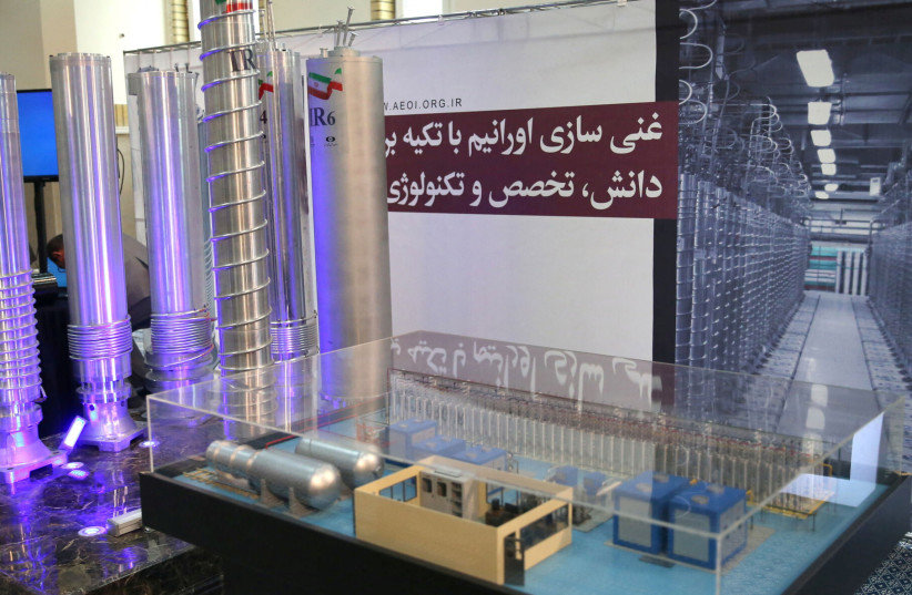 Iranian centrifuges are seen on display during a meeting between Iran's Supreme Leader Ayatollah Ali Khamenei and nuclear scientists and personnel of the Atomic Energy Organization of Iran (AEOI), in Tehran, Iran June 11, 2023. (credit: Office of the Iranian Supreme Leader/WANA (West Asia News Agency) via REUTERS) Iranian centrifuges are seen on display during a meeting between Iran's Supreme Leader Ayatollah Ali Khamenei and nuclear scientists and personnel of the Atomic Energy Organization of Iran (AEOI), in Tehran, Iran June 11, 2023. (credit: Office of the Iranian Supreme Leader/WANA (West Asia News Agency) via REUTERS)