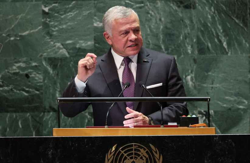 Jordan's King Abdullah II addresses the 78th Session of the UN General Assembly in New York City, US, September 19, 2023. (credit: BRENDAN MCDERMID/REUTERS) Jordan's King Abdullah II addresses the 78th Session of the UN General Assembly in New York City, US, September 19, 2023. (credit: BRENDAN MCDERMID/REUTERS)