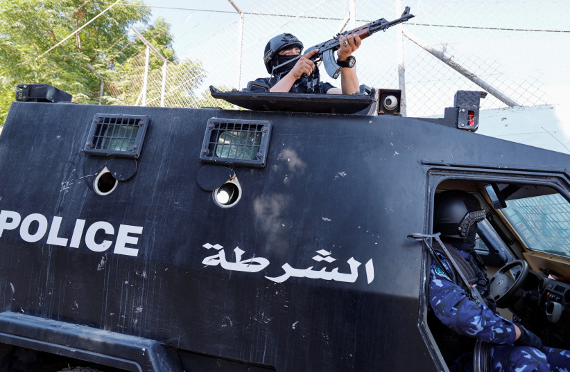Palestinian police officers keep guard ahead of the visit of Palestinian Authority President Mahmoud Abbas, in Jenin in the West Bank July 12, 2023. (credit: RANEEN SAWAFTA/REUTERS) Palestinian police officers keep guard ahead of the visit of Palestinian Authority President Mahmoud Abbas, in Jenin in the West Bank July 12, 2023. (credit: RANEEN SAWAFTA/REUTERS)