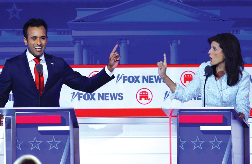 Vivek Ramaswamy and Nikki Haley at the first Republican candidates’ debate of the 2024 US presidential campaign in Milwaukee, Wisconsin, on August 23. (credit: BRIAN SNYDER/REUTERS) Vivek Ramaswamy and Nikki Haley at the first Republican candidates’ debate of the 2024 US presidential campaign in Milwaukee, Wisconsin, on August 23. (credit: BRIAN SNYDER/REUTERS)
