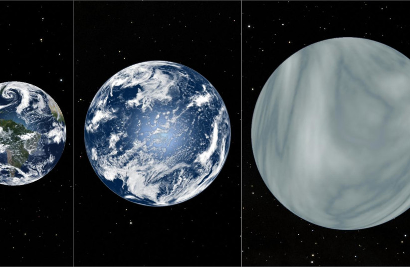 Terrestrial planet, ocean planet, and hycean planet. (credit: Wikimedia Commons) Terrestrial planet, ocean planet, and hycean planet. (credit: Wikimedia Commons)