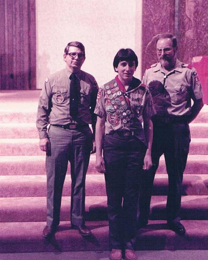 The author at his Eagle Scout ceremony with scoutmasters Mike Davis (left) and Francis Mijo.