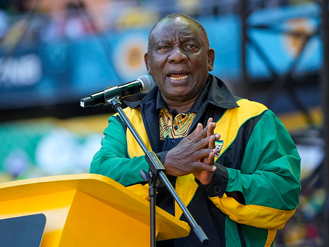 South African President Cyril Ramaphosa adresses African National Congress supporters at the Siyanqoba rally at FNB stadium in Johannesburg, South Africa, Saturday, May 25, 2024. South African will vote in the 2024 general elections May 29. (AP Photo/Jerome Delay)